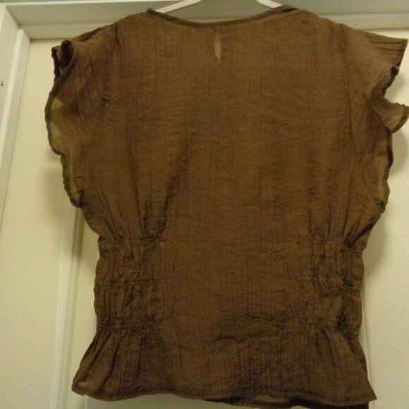 MOCHA MOUSSE BROWN SHEIN TEXTURED LITTLE PLEATS RUFFLES BLOUSE L - Picture 1 of 7